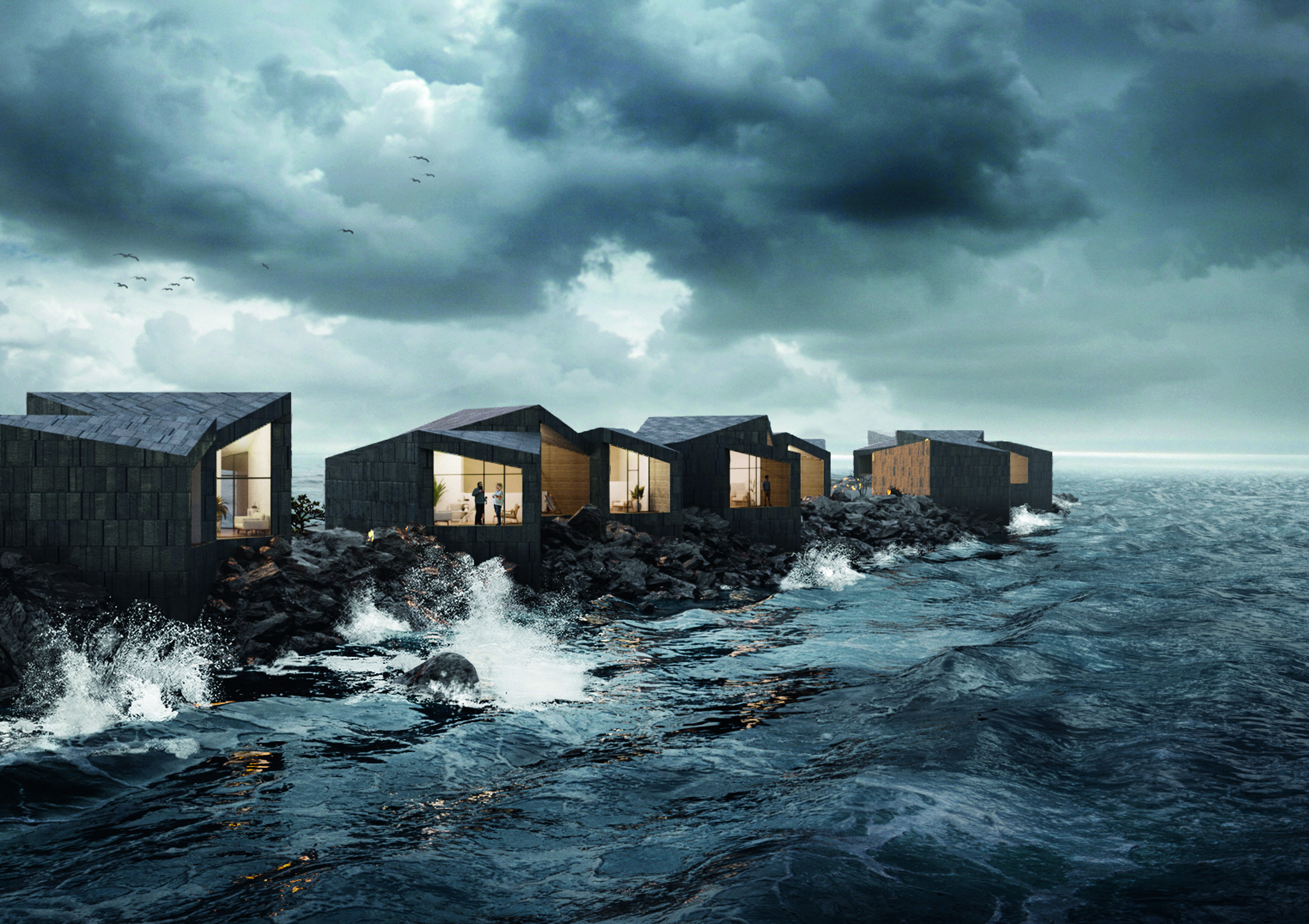 Suunnitteluvaiheen havainnekuva rakennuksista Kalajoen Marinasta pilvisellä säällä.