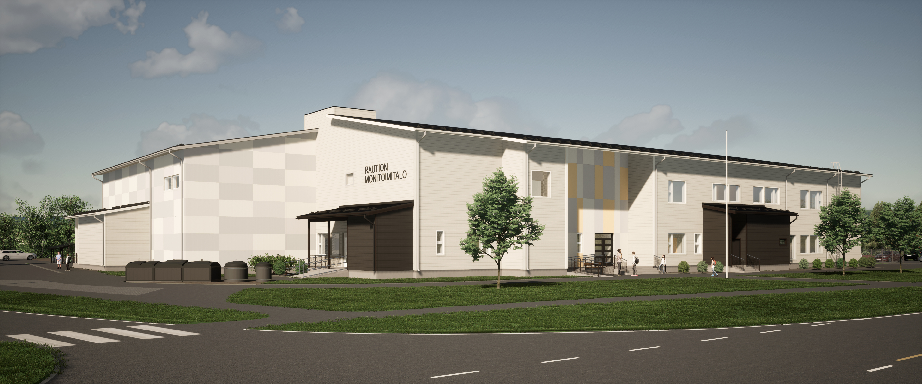 Havainnekuva Raution monitoimitalosta.