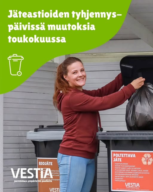 Teksti: Jäteastioien tyhjennyspäivissä muutoksia toukokuussa. Kuvassa nainen laittaa jätesäkin säiliöön.
