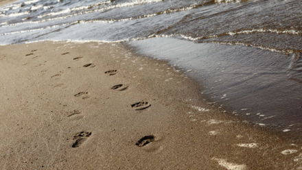 Jalanjäljet uimarannalla hiekassa.