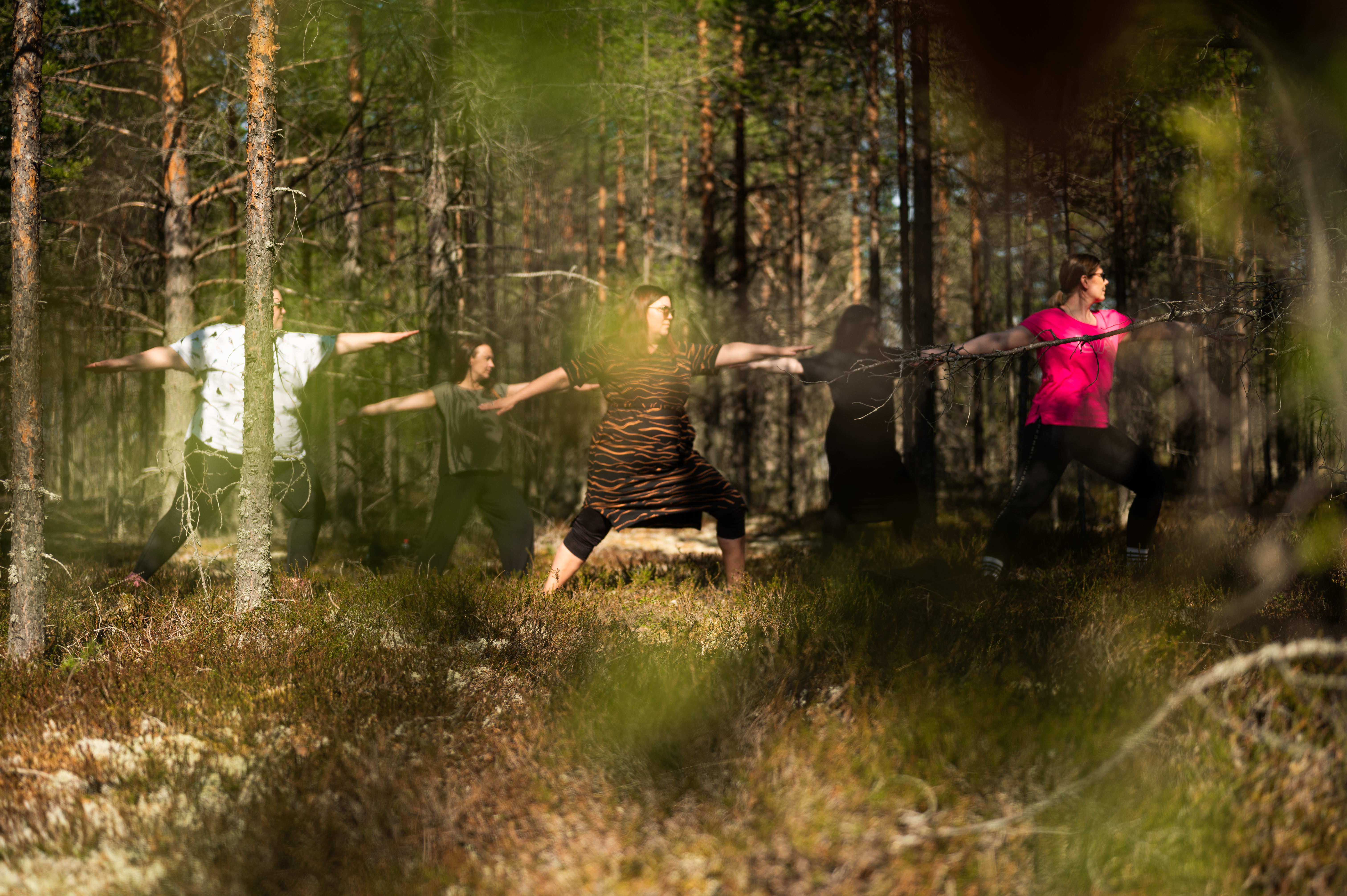 Tilintarkastus Hukka Oy:n henkilöstö metsässä joogaamassa.