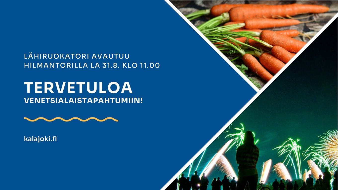 Grafiikka, jossa kerrotaan lähiruokatorin avautuvan venetsialaislauantaina Hilmantorilla klo 11.00.