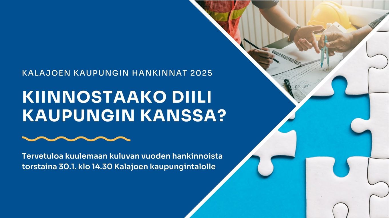 kuvituskuva, jossa kollaasi työpöydästä, palapelistä sekä Kalajoki-grafiikasta