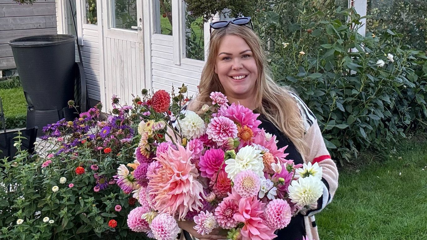 Hymyilevä nainen pitää sylissään valtavaa daaliakimppua.