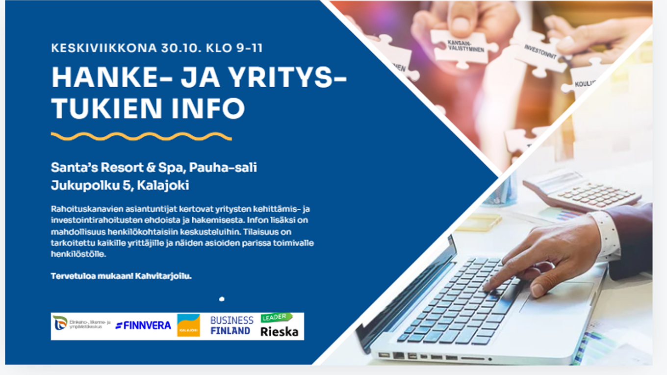 Hanke ja yritysinfo teksti ja taustalla tietokone