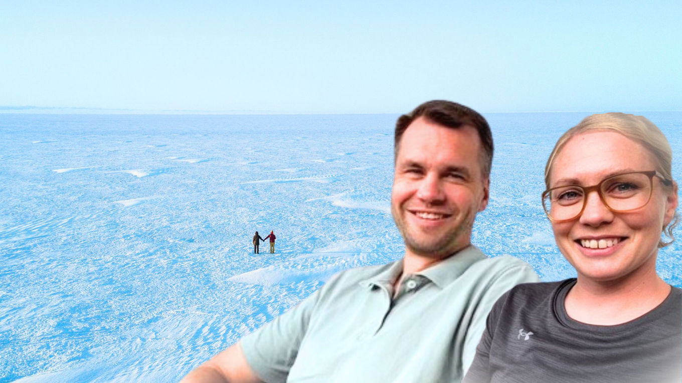 Kuvakollaasi, jossa mies, nainen ja taustalla jäätynyt meri.