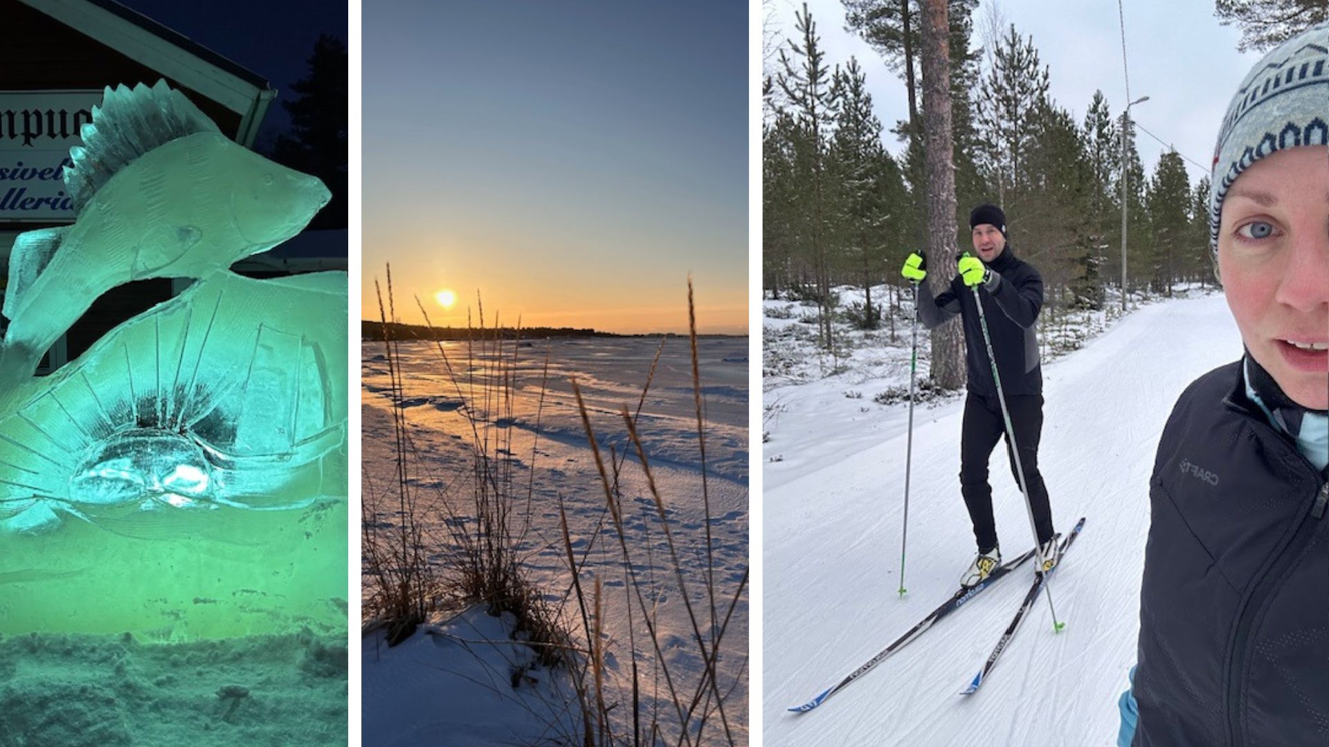 Kuvakollaasi, jossa nainen ja mies hiihtävät, jääveistos ja merimaisema.