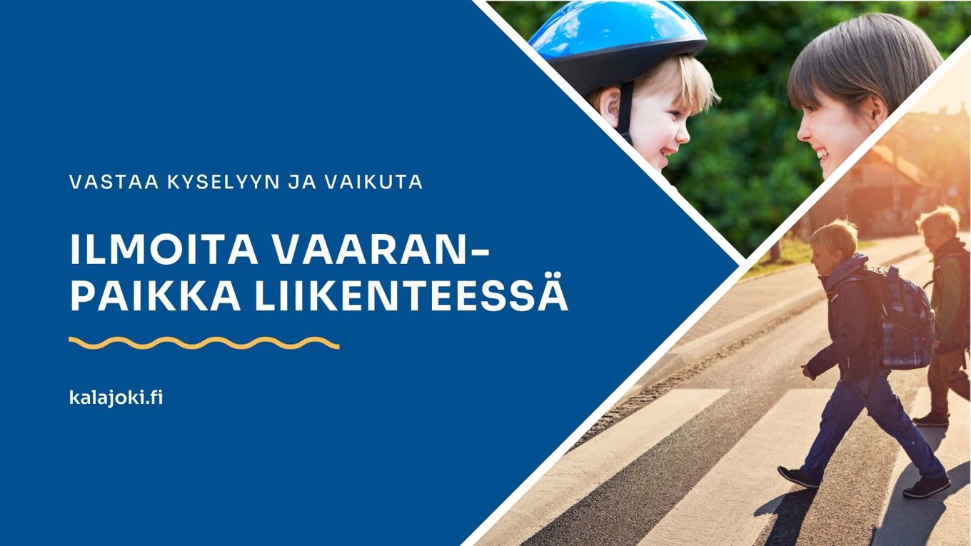 Kuvagrafiikka, jossa lapsi ja pyöräilykypärä sekä suojatietä ylittävät koululaiset