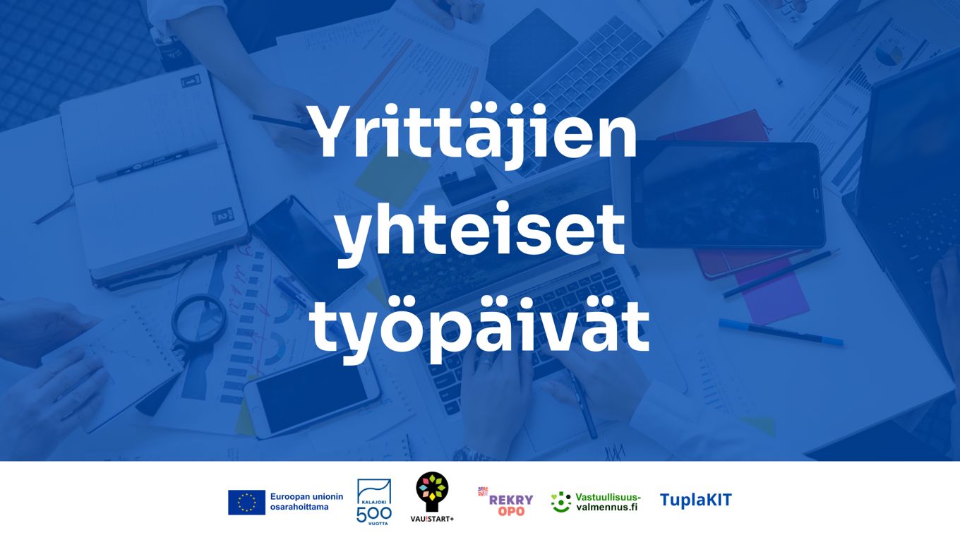 Yrittäjien yhteiset työpäivät teksti sinisellä pohjalla