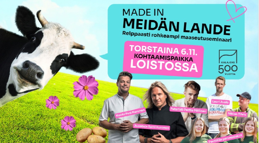 Kuvassa mainos Made in meidän lande -tilaisuudesta, lehmä, ihmisiä, peltoa
