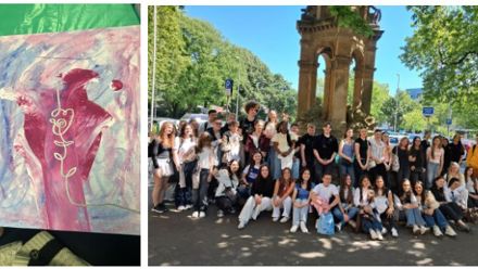 students in front of a tower