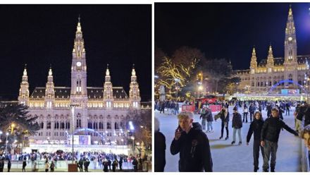 lights at a building with towers at night