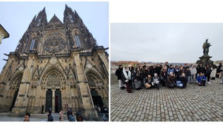 cathedral and group of students on a bridge